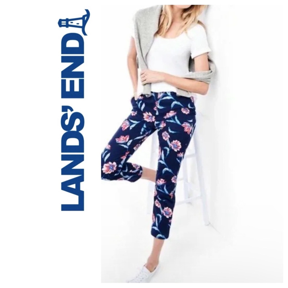 Lands' End Floral Crop Pants Navy Blue 8